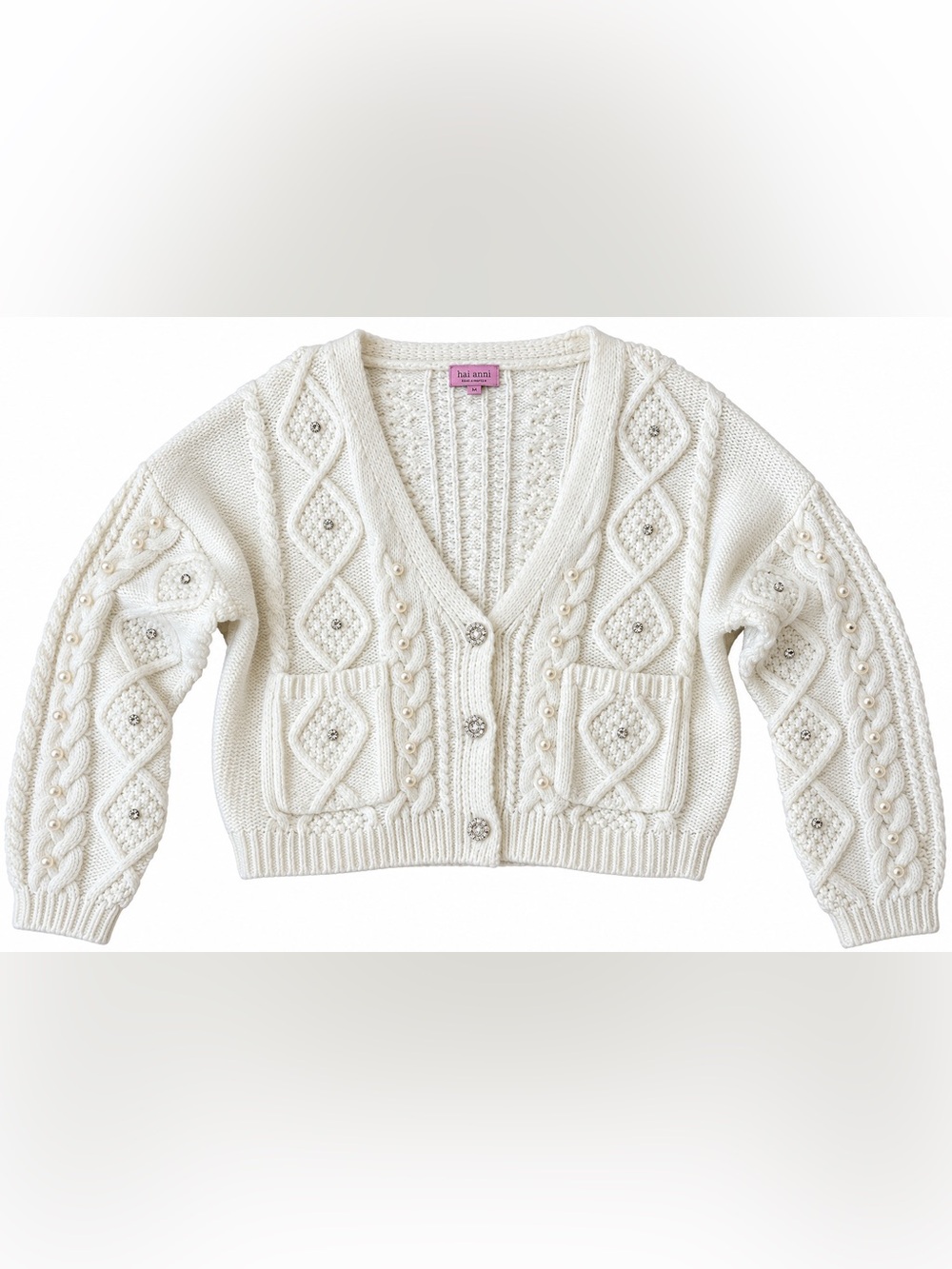 Francesca's Mi Ami Pearl Embellished Cable Knit Cropped Cardigan L